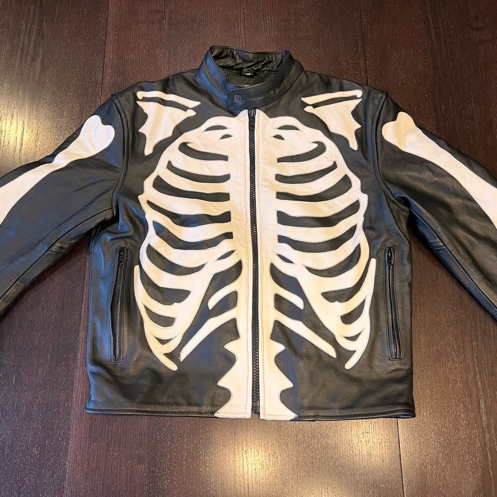 SKELETON BONES WHITE ON BLACK MOTORCYCLE LEATHER JACKET